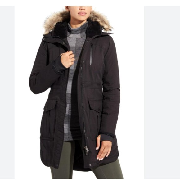ATHLETA Iceland Parka (Small) Black Hooded Parka Coat with Red Plaid Lining - Picture 1 of 15
